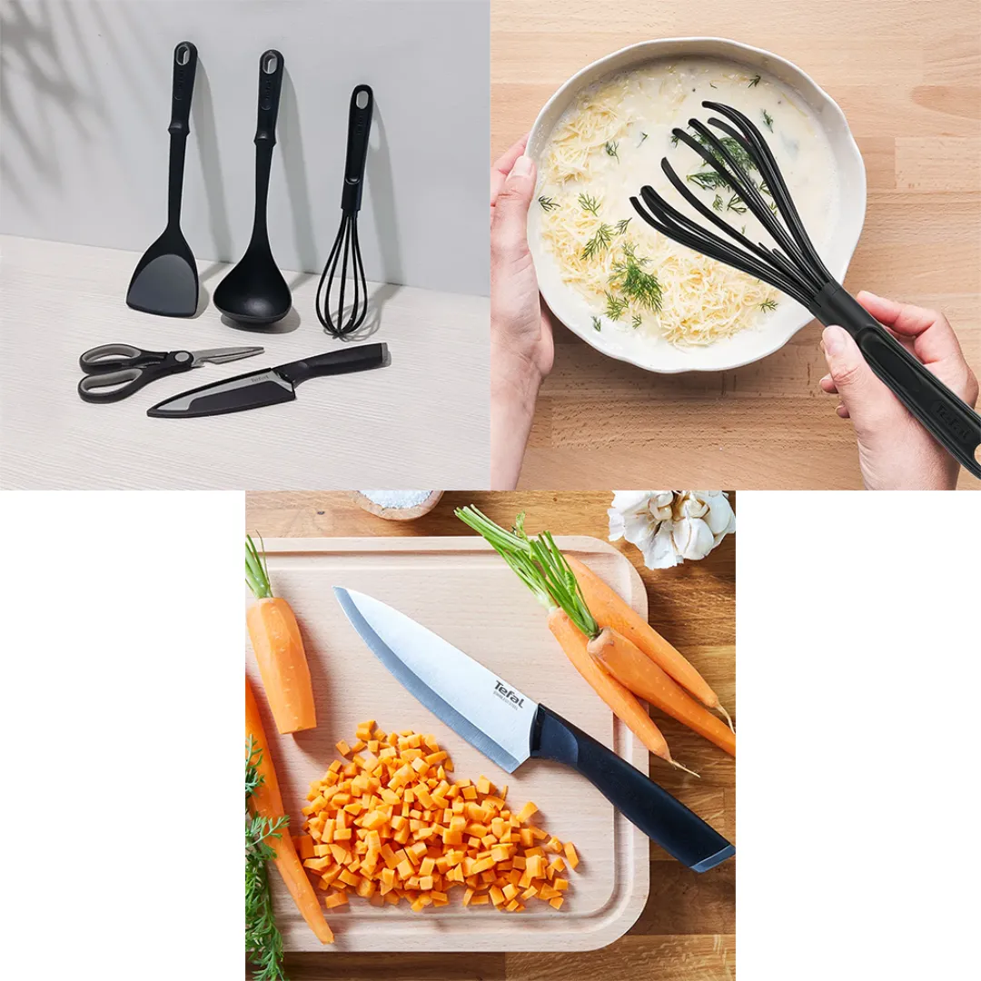 Tefal Kitchenware 5 Pcs Set (Chef Knife 15cm   Kitchen Shears 21cm   Ladle Spatula   Wok Spatula   Bievenue Whisks)