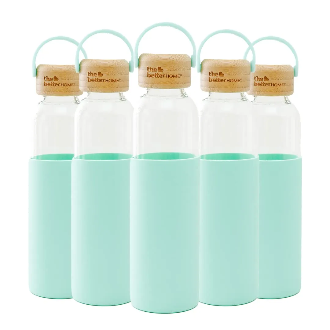 The Better Home Borosilicate Glass Water Bottle with Sleeve (500ml) | Non Slip Silicon Sleeve & Bamboo Lid | Fridge Water Bottles for Men, Women & Kids | Water Bottles for Fridge | Green (Pack of 5)