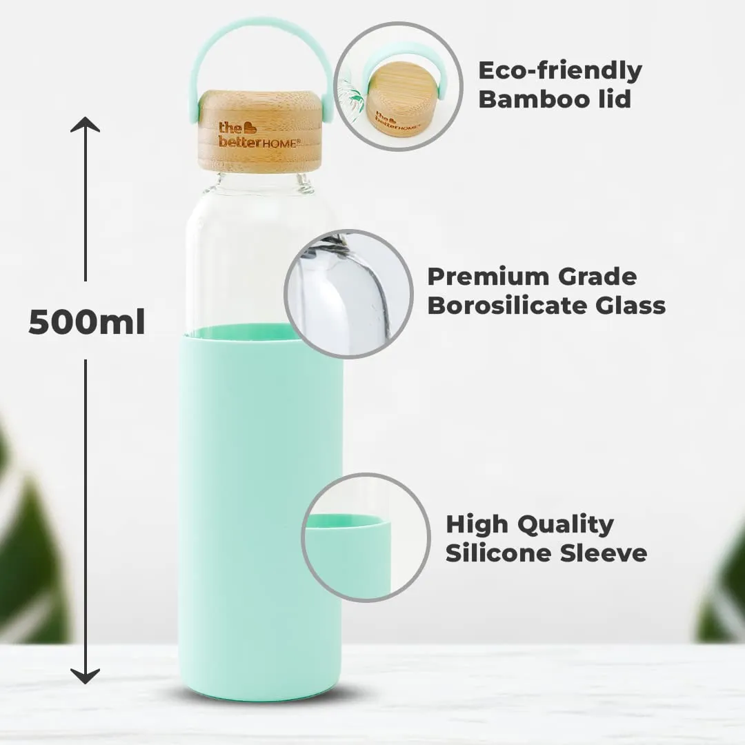 The Better Home Borosilicate Glass Water Bottle with Sleeve (500ml) | Non Slip Silicon Sleeve & Bamboo Lid | Fridge Water Bottles for Men, Women & Kids | Water Bottles for Fridge | Green (Pack of 5)