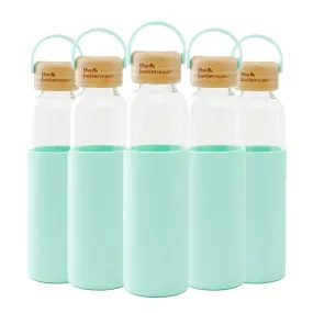 The Better Home Borosilicate Glass Water Bottle with Sleeve (500ml) | Non Slip Silicon Sleeve & Bamboo Lid | Fridge Water Bottles for Men, Women & Kids | Water Bottles for Fridge | Green (Pack of 5)