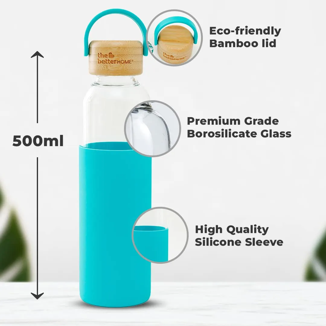 The Better Home Borosilicate Glass Water Bottle with Sleeve (500ml) | Non Slip Silicon Sleeve & Bamboo Lid | Water Bottles for Fridge | Light Blue (Pack of 2)