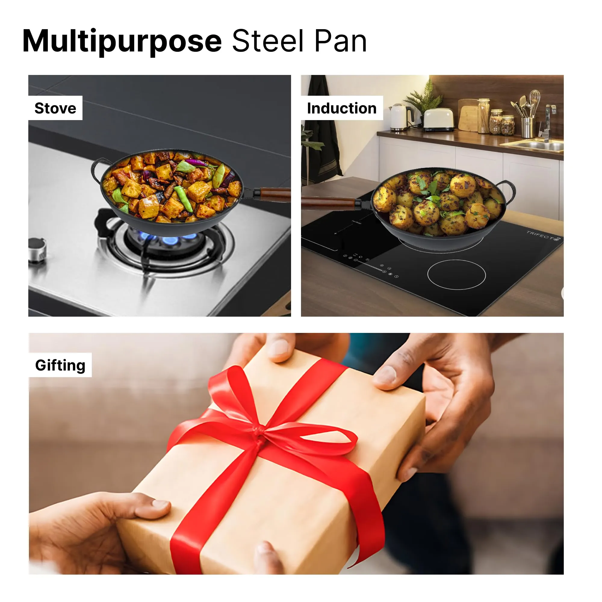 The Better Home SteelPulse Series Chinese Wok With Handle (30cm - 4L) | Deep Frying Carbon Steel Wok | Cooking Pan | Gas & Induction Cookware | Kadai For Induction Cooking | Karahi For Kitchen (Black)