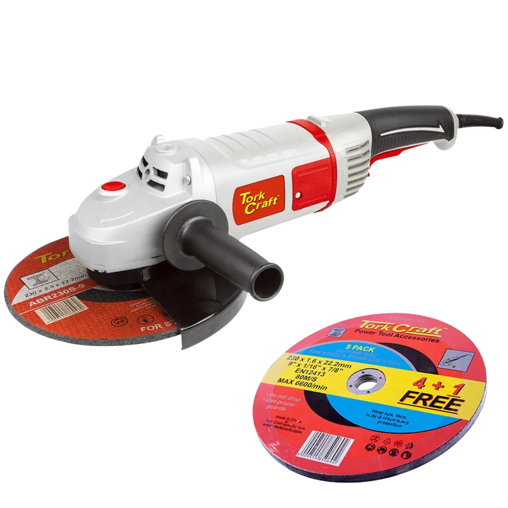 TORK CRAFT ANGLE GRINDER 230MM TCAG0230 C/W COMBO105 230MM STEEL CUTTING DISCS TORKIT230S