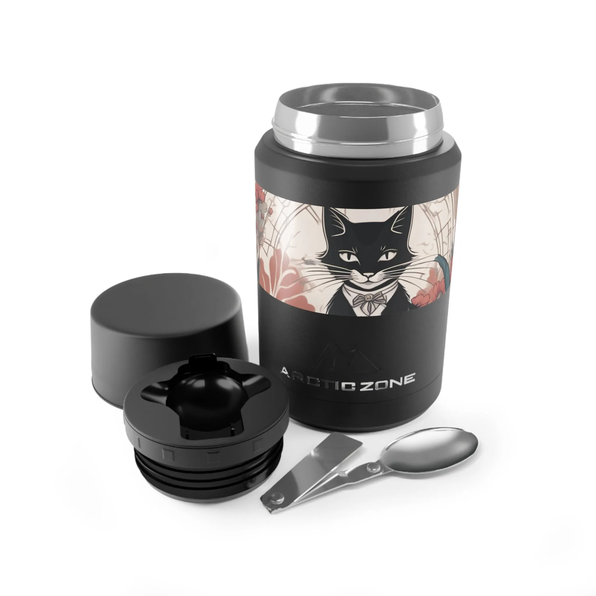 Tuxedo Cat with Flowers, Reusable Insulated Food Storage Container with Spoon – 16.9oz