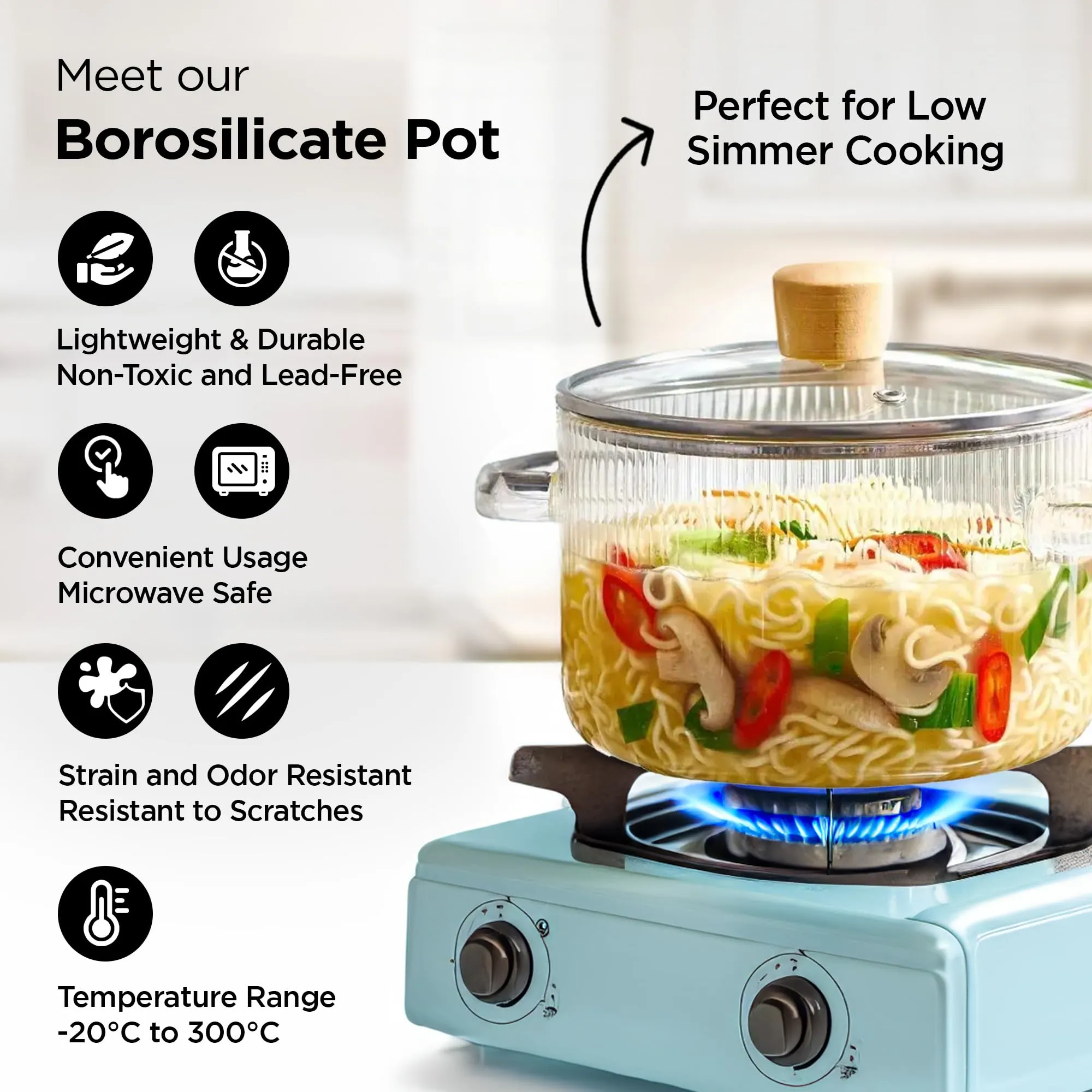 UMAI Borosilicate Glass Cookware for Gas Stove (1.45L) Tope with Lid & Handle |Electric Pottery Safe | Small Biryani Handi for Cooking | Microwave Safe | Tea/Milk/Pasta/Noodles/Rice Pan | Transparent