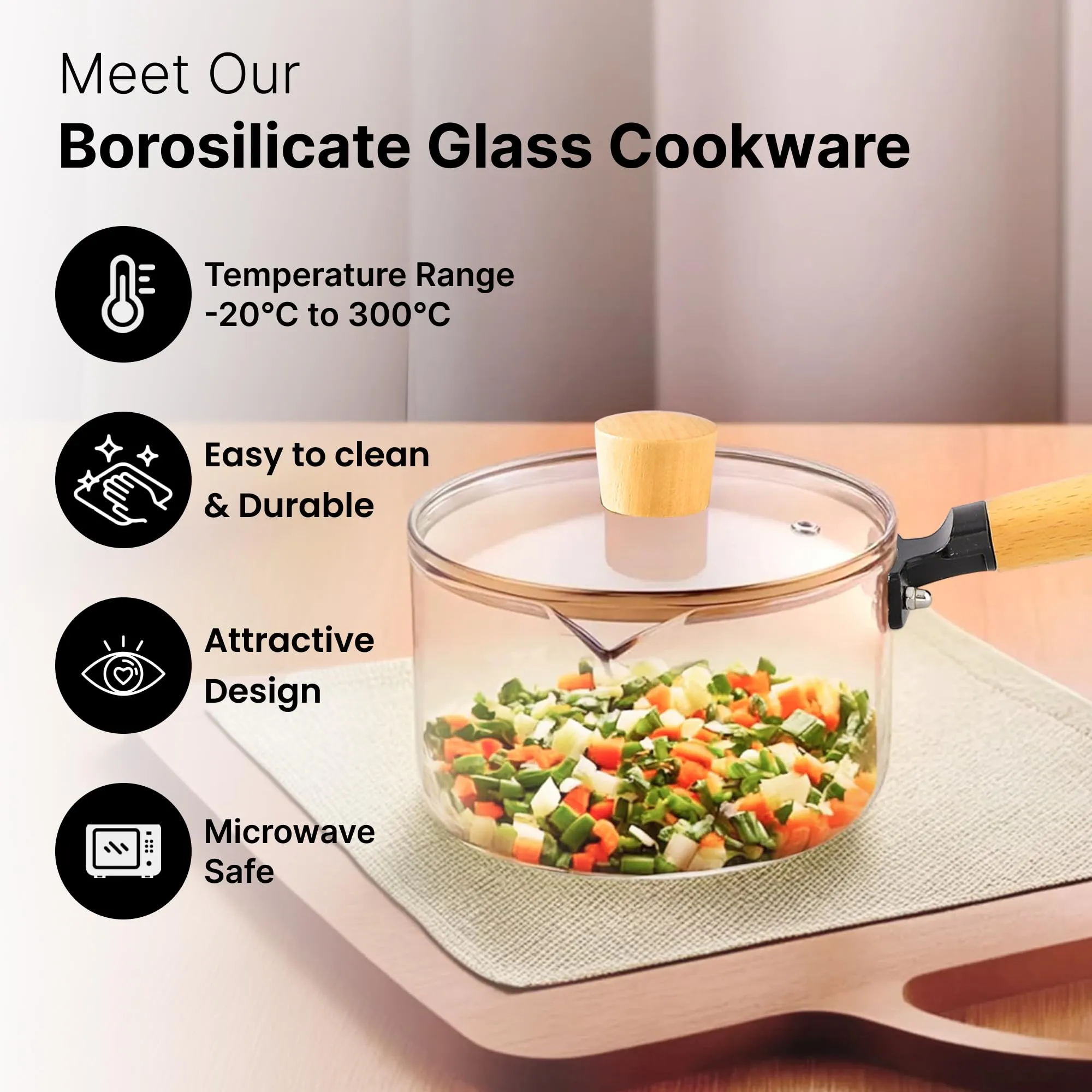 UMAI Borosilicate Glass Cookware for Gas Stove (2.8L) | Saucepan with Handle | Small Milk/Tea Pan | Boiling Pan | Patila for Cooking, Boiling | Gift for Housewarming (Amber)