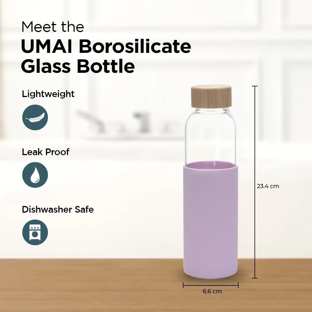 UMAI Borosilicate Glass Water Bottle with Sleeve 550ml | Non Slip Silicon Sleeve & Bamboo Lid | Fridge Water Bottle For Home & Office (Purple, Pack of 2)