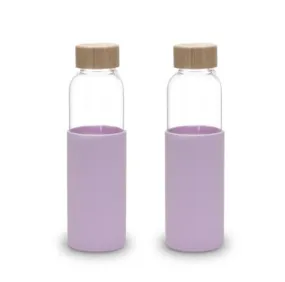 UMAI Borosilicate Glass Water Bottle with Sleeve 550ml | Non Slip Silicon Sleeve & Bamboo Lid | Fridge Water Bottle For Home & Office (Purple, Pack of 2)