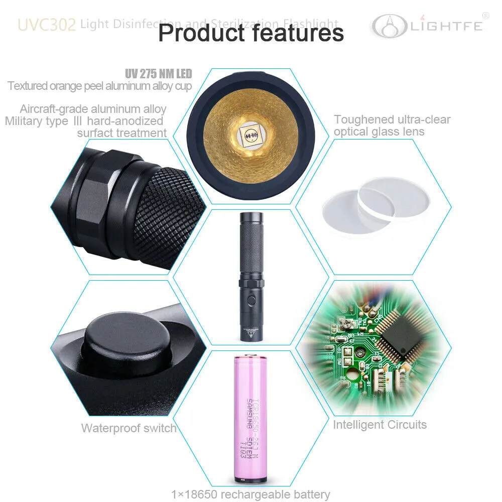 UVC302 UV-C 275NM Light Disinfection Sterilization UV LED Flashlight