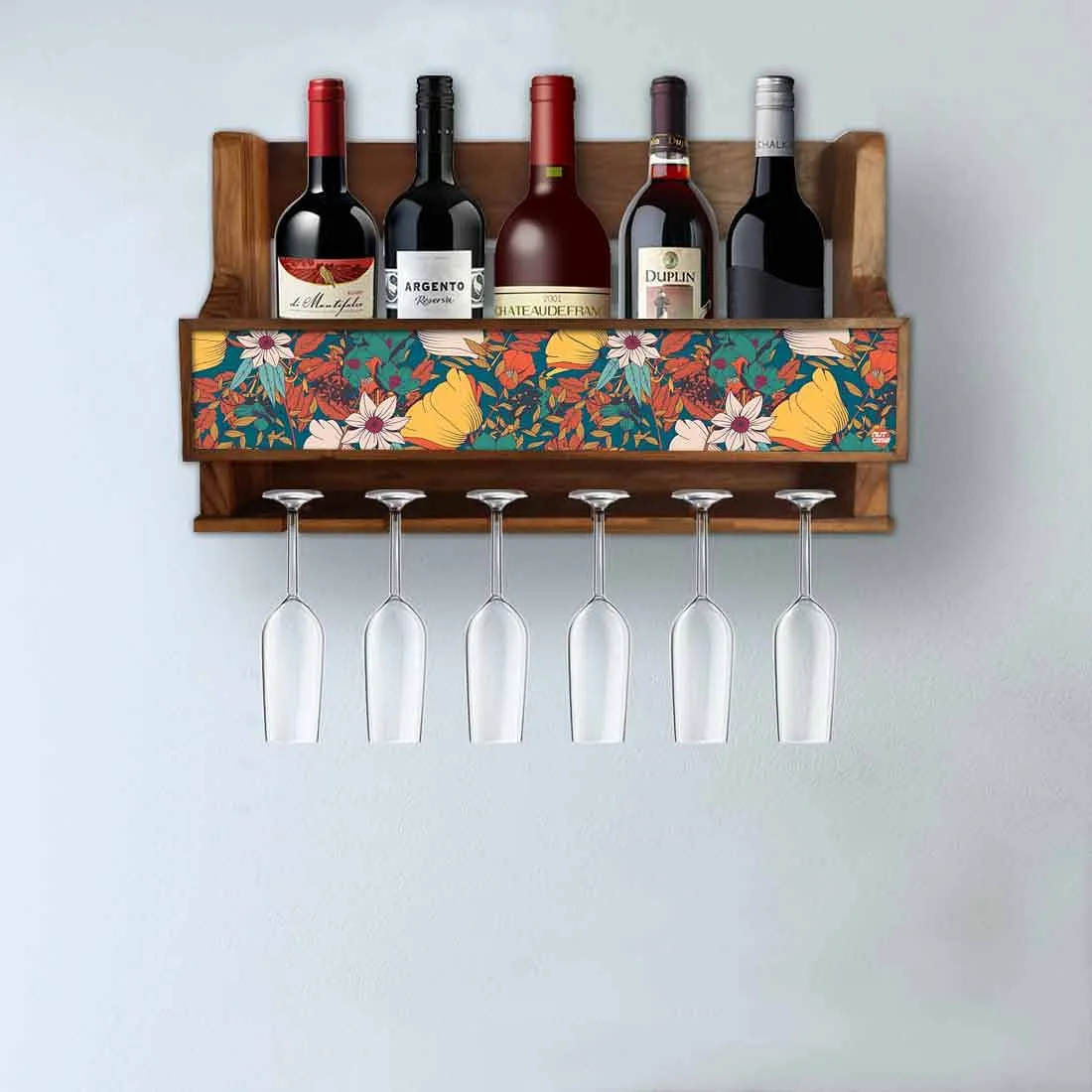 Wine Holder Wall Mounted Mini Bar Cabinet for 5 Bottles 6 Glasses-Elegance