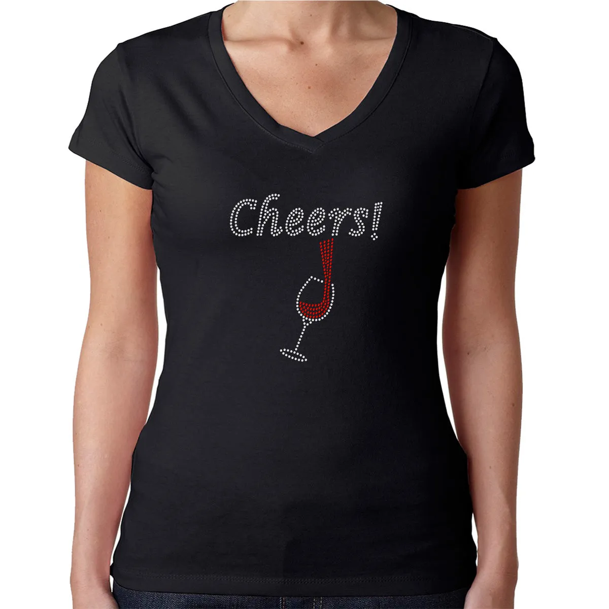 Womens T-Shirt Rhinestone Bling Black Fitted Tee Cheers Red Wine Glass