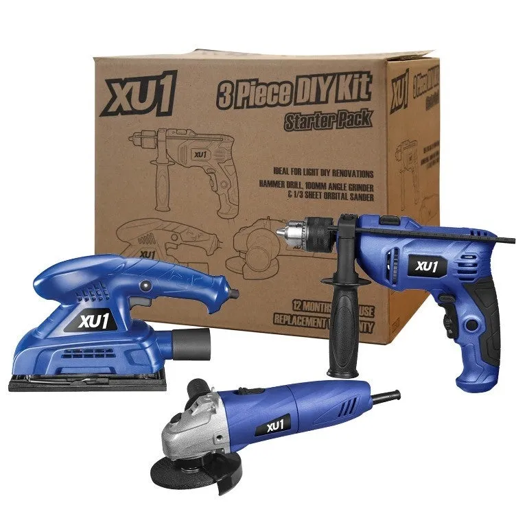 XU1 XHGS-003 3pc DIY Starter Kit c/w Hammer Drill, Angle Grinder & 1/3 Sheet Orbital