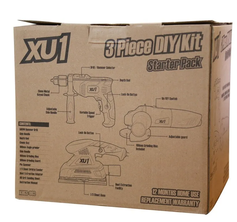 XU1 XHGS-003 3pc DIY Starter Kit c/w Hammer Drill, Angle Grinder & 1/3 Sheet Orbital